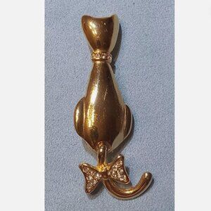 Vintage Cat Brooch Articulated Tail Gold Tone  Pin Rhinestone Bow, Wagging Tail